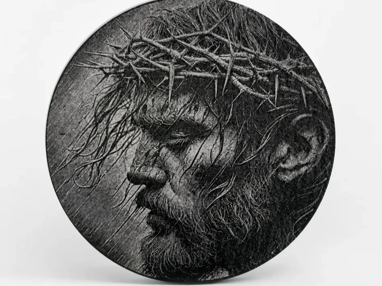 [Laser cut and engrave] Circular Wall Plaque Featuring Jesus Christ Wearing a Crown of Thorns