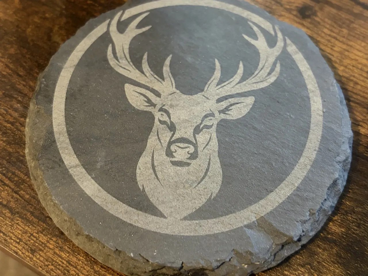 [Laser cut and engrave] Round Slate Coaster Featuring a Stag Head Motif