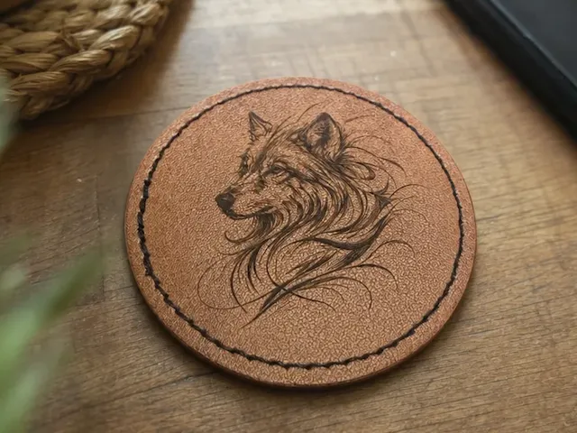Round leather featuring a detailed wolf portrait