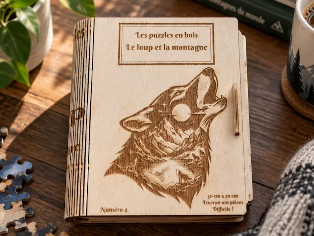 Wooden Jigsaw Puzzle Box Featuring Howling Wolf and Mountain Landscape