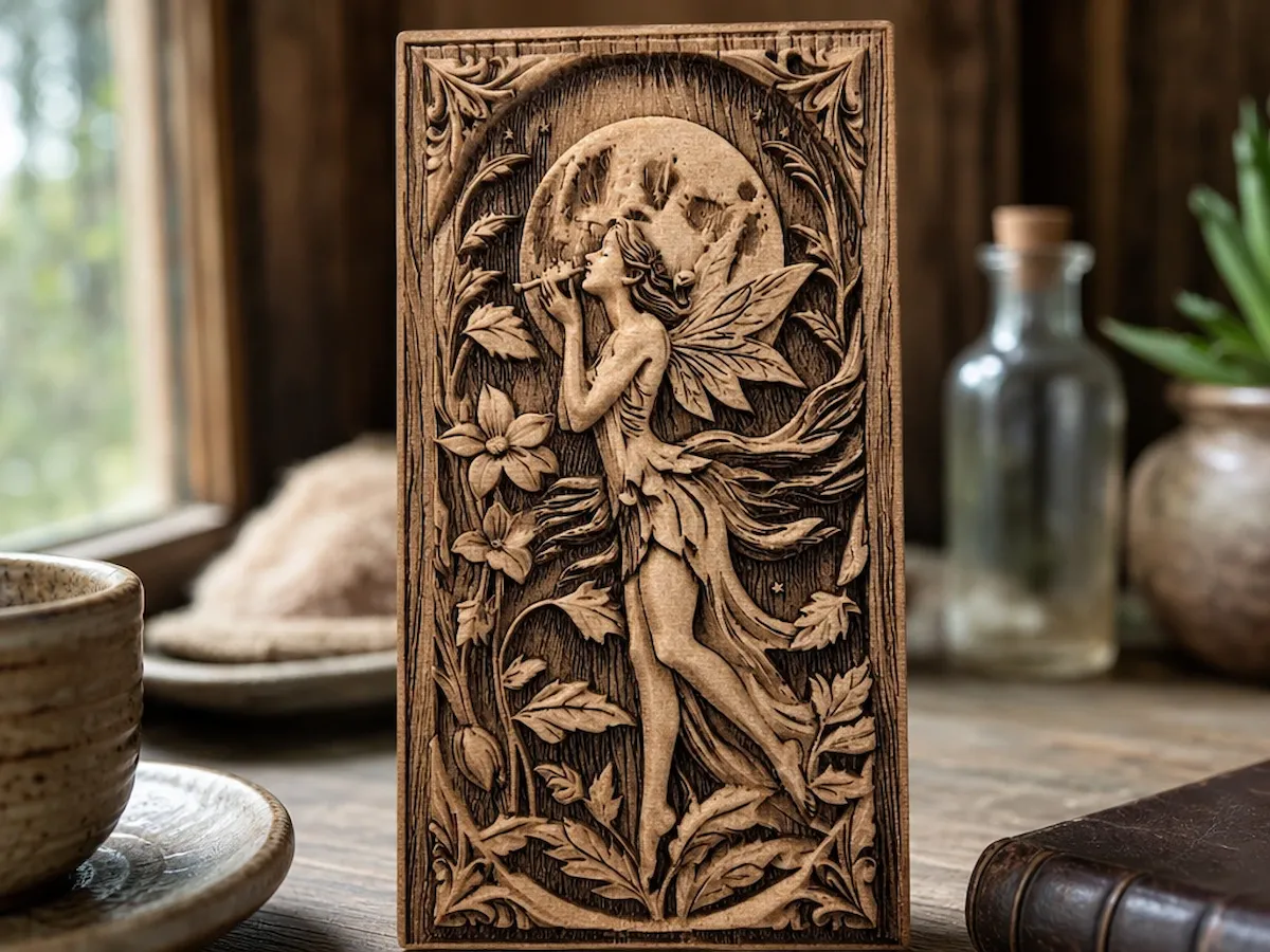 [Laser cut and engrave] Fairy Playing Flute Under Full Moon Wooden Wall Plaque