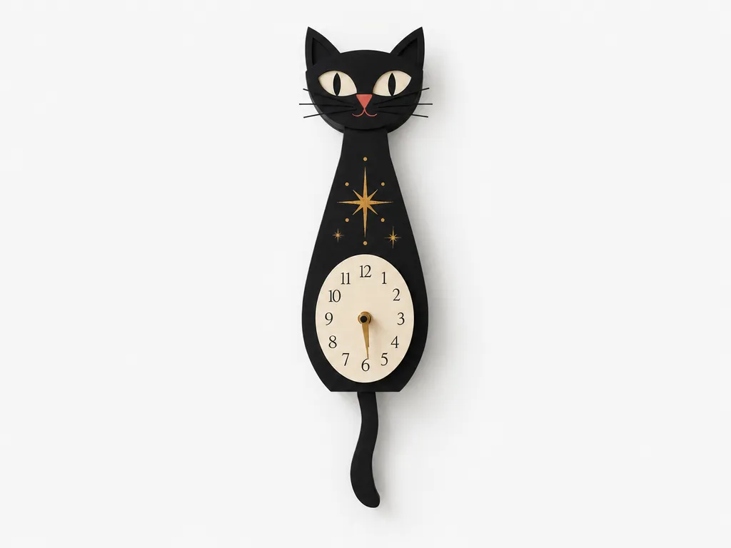Mid-Century Modern Black Cat Wall Clock with Starburst Detail