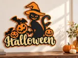 [Laser cut and engrave] Three-Layer Witch Cat Halloween Sign | 3 mm Plywood