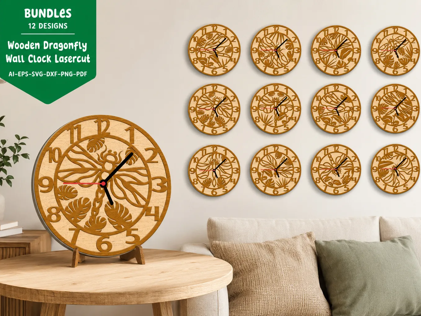 Dragonfly Themed Round Wall Clock with Tropical Leaf Patterns