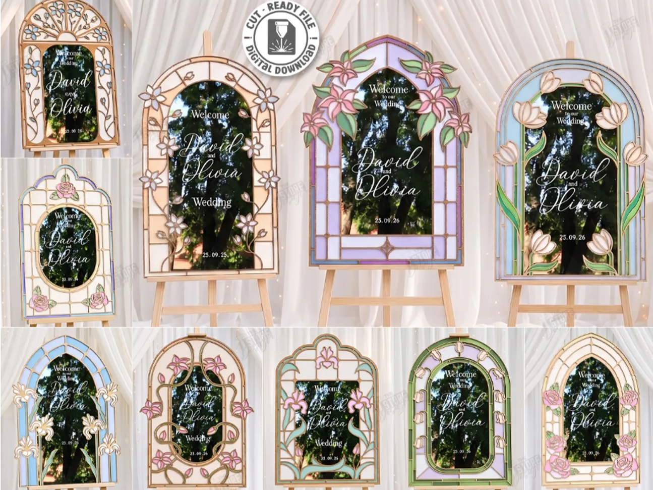 Arched Floral Wedding Welcome Sign with Stained Glass Style Frame laser Cut Bundle. Floral Design. Weding Day