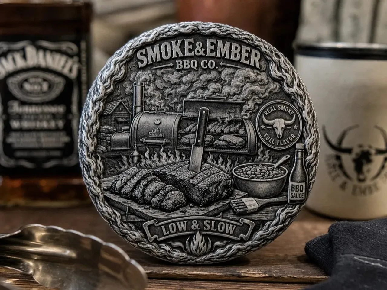 [Laser cut and engrave] Smoke and Ember BBQ Co Round Metal Sign with Smoker and Brisket Illustration