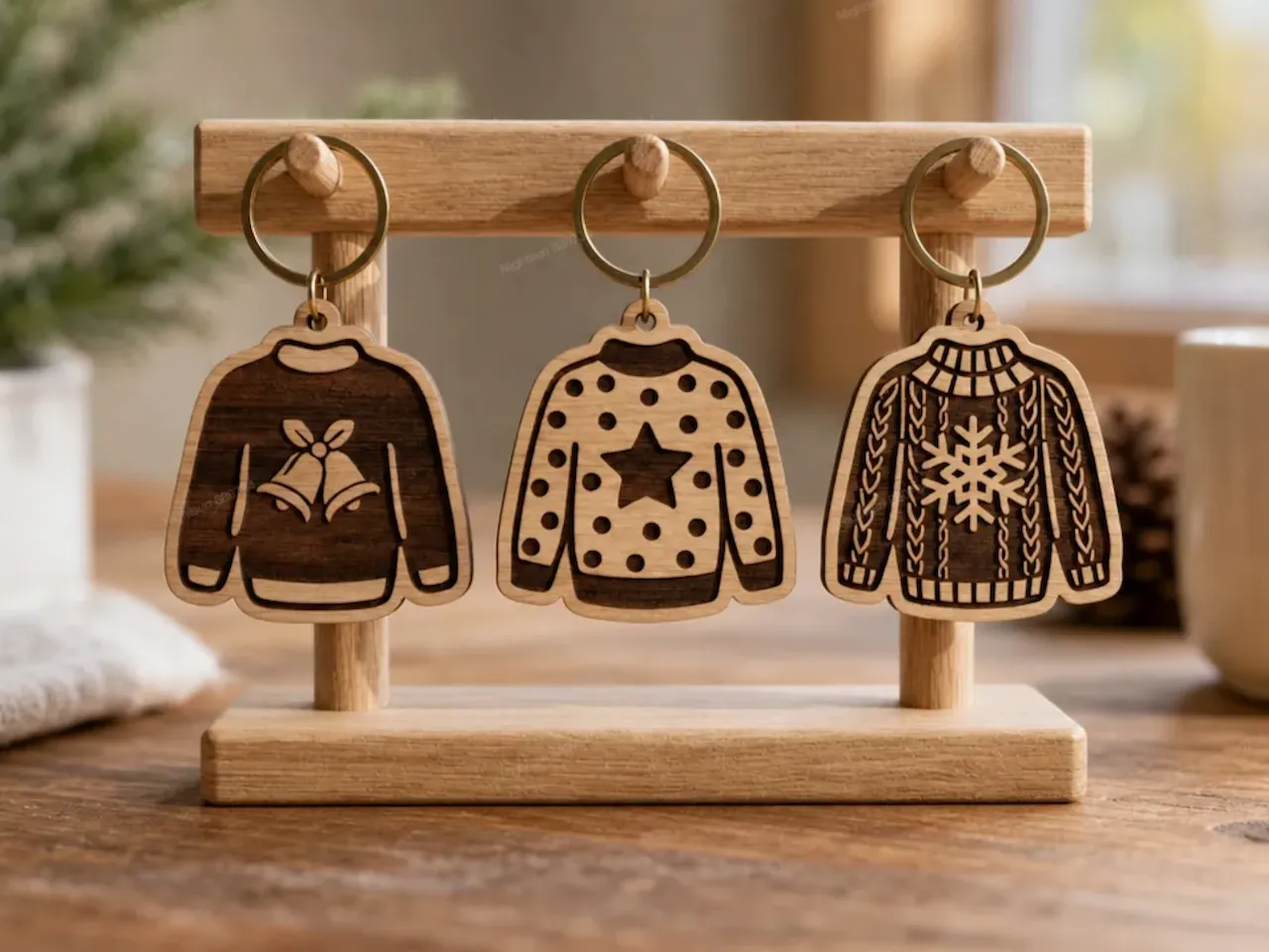 [Laser cut and engrave] Ugly Christmas Sweater Keychains with Bell, Star, and Snowflake Designs