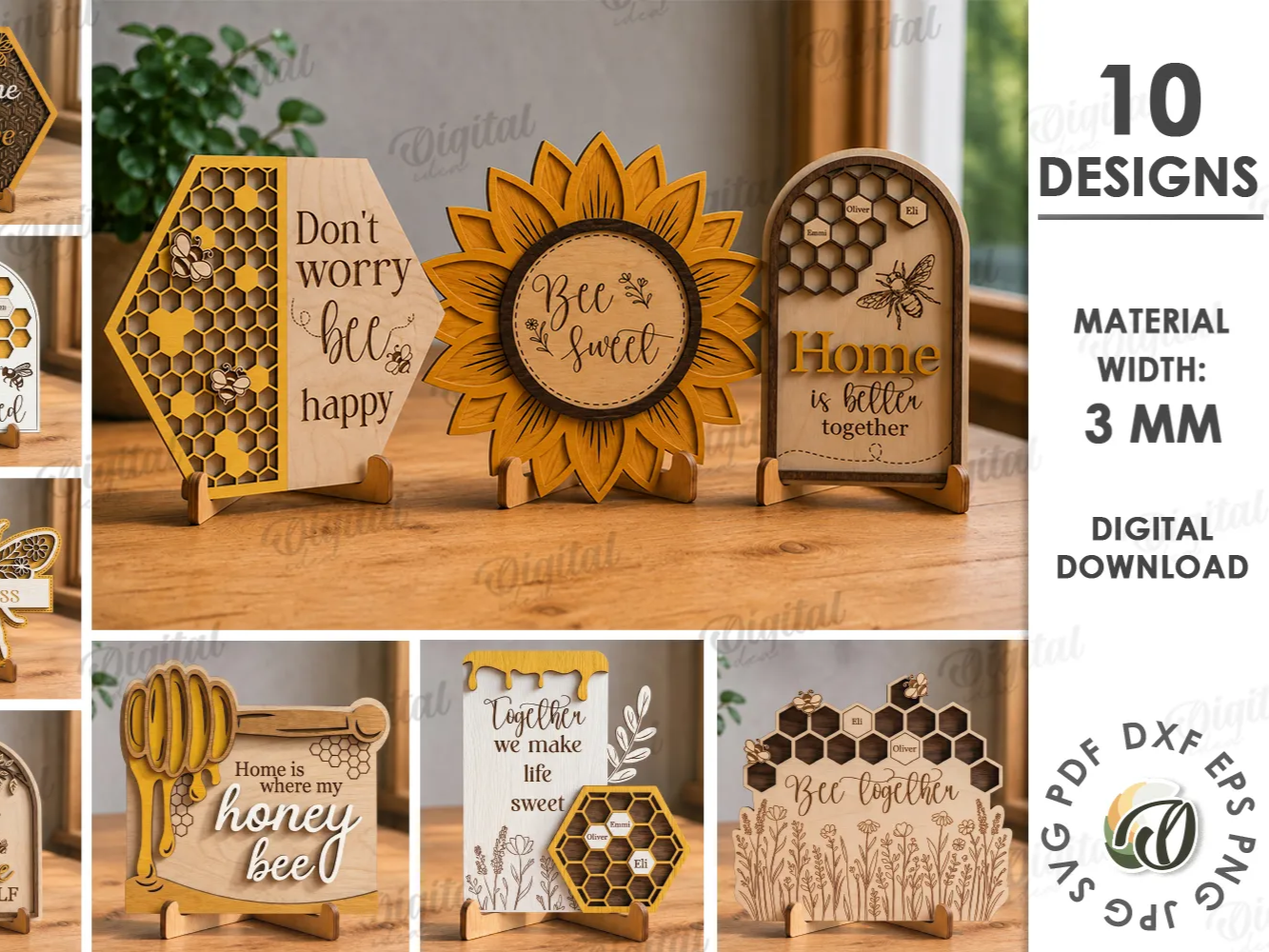 3D Bee Decors Bundle. Tiered Tray Decor Laser Cut Files. Honey Bee Shelf Sitters. Summer. Bee Quotes. Sunflower. Sign With Stand
