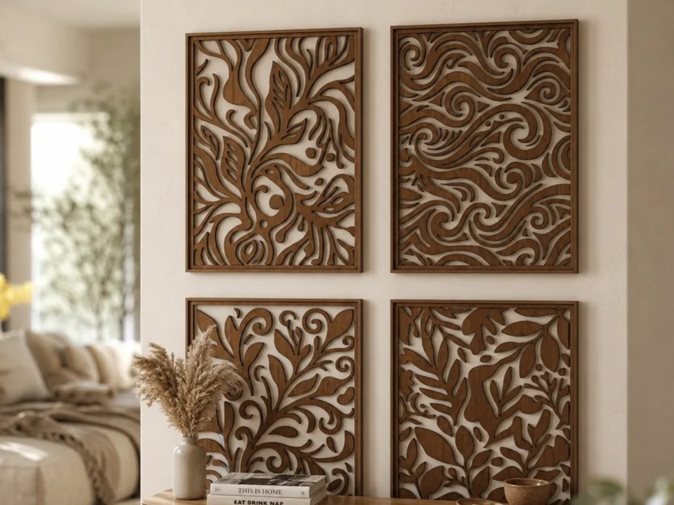 Set de quatre panneaux muraux rectangulaires à motifs floraux et abstraits — idée de création florale