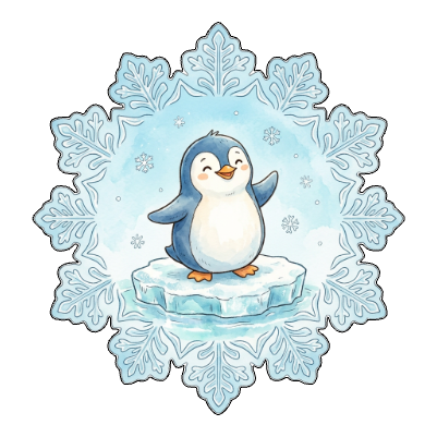 Pinguin auf Eisschulle in Schneeflocke.xs