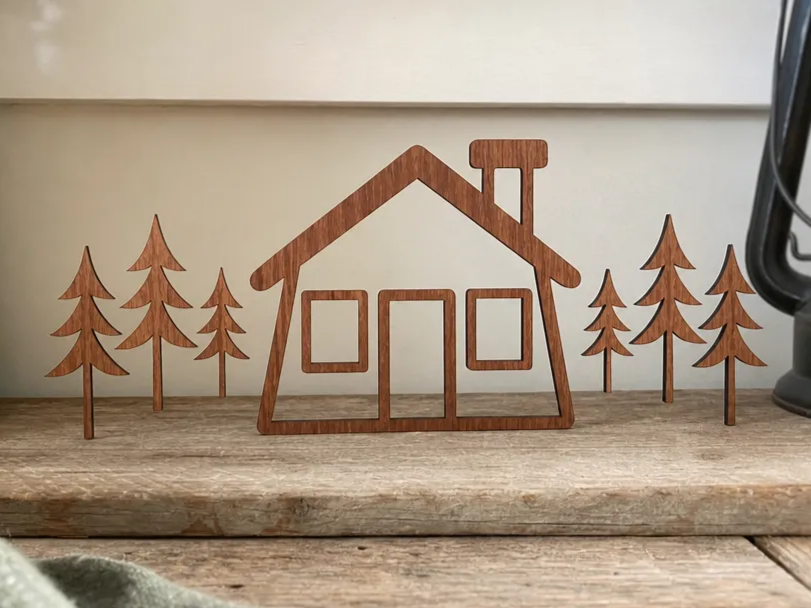 Wooden Cabin and Pine Tree Tabletop Silhouette Set