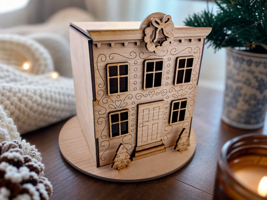Wooden Christmas Village House Tabletop Ornament