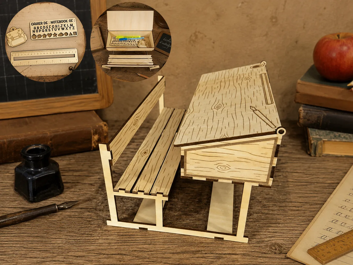 Bureau d'écolier miniature avec rangement pour fournitures scolaires