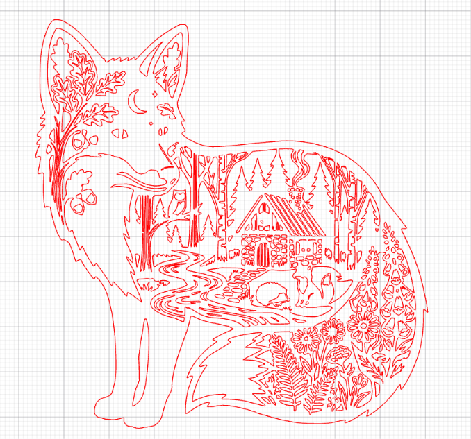 [Laser cut and engrave] Wandbild aus Holz in Fuchsform mit Waldlandschaft und Hütte