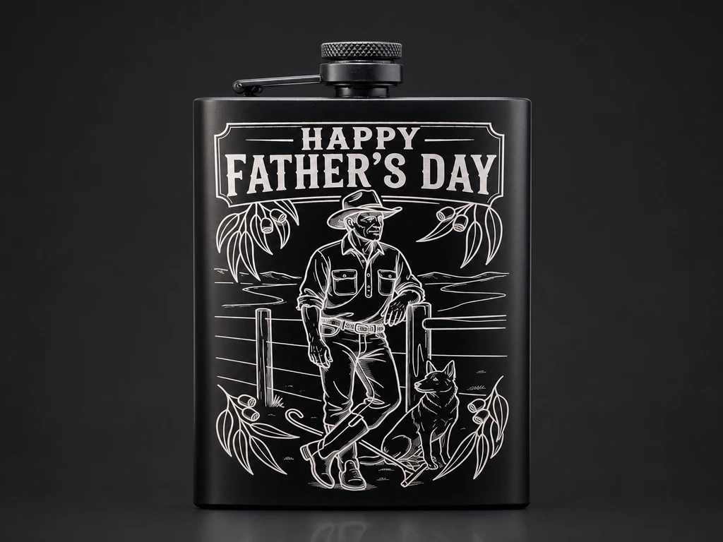 Happy Father's Day Black Flask with Australian Farmer and Dog Illustration