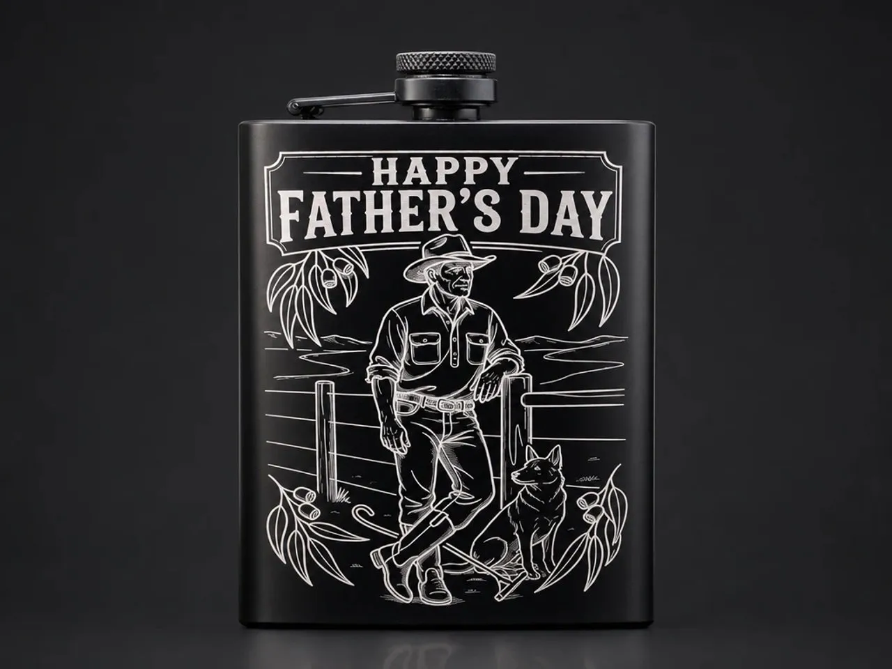 [Laser cut and engrave] Happy Father's Day Black Flask with Australian Farmer and Dog Illustration