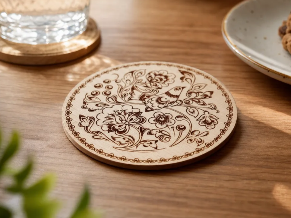 Round Wooden Coaster with Floral and Bird Folk Art Pattern