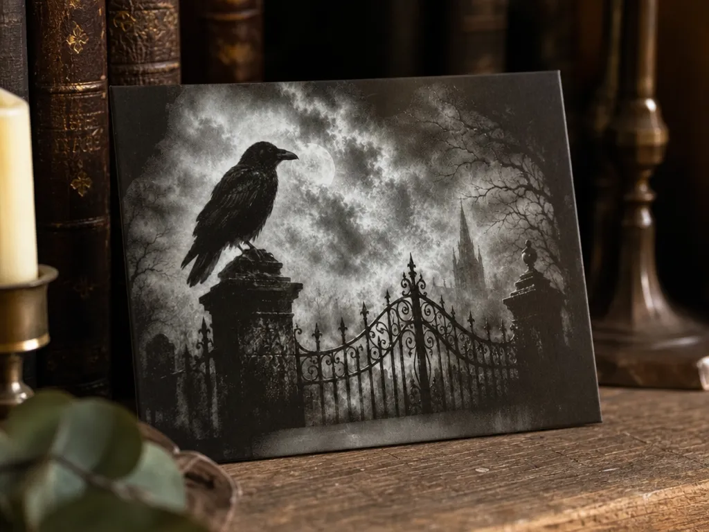 Gothic Raven and Cemetery Gate Wall Art Print