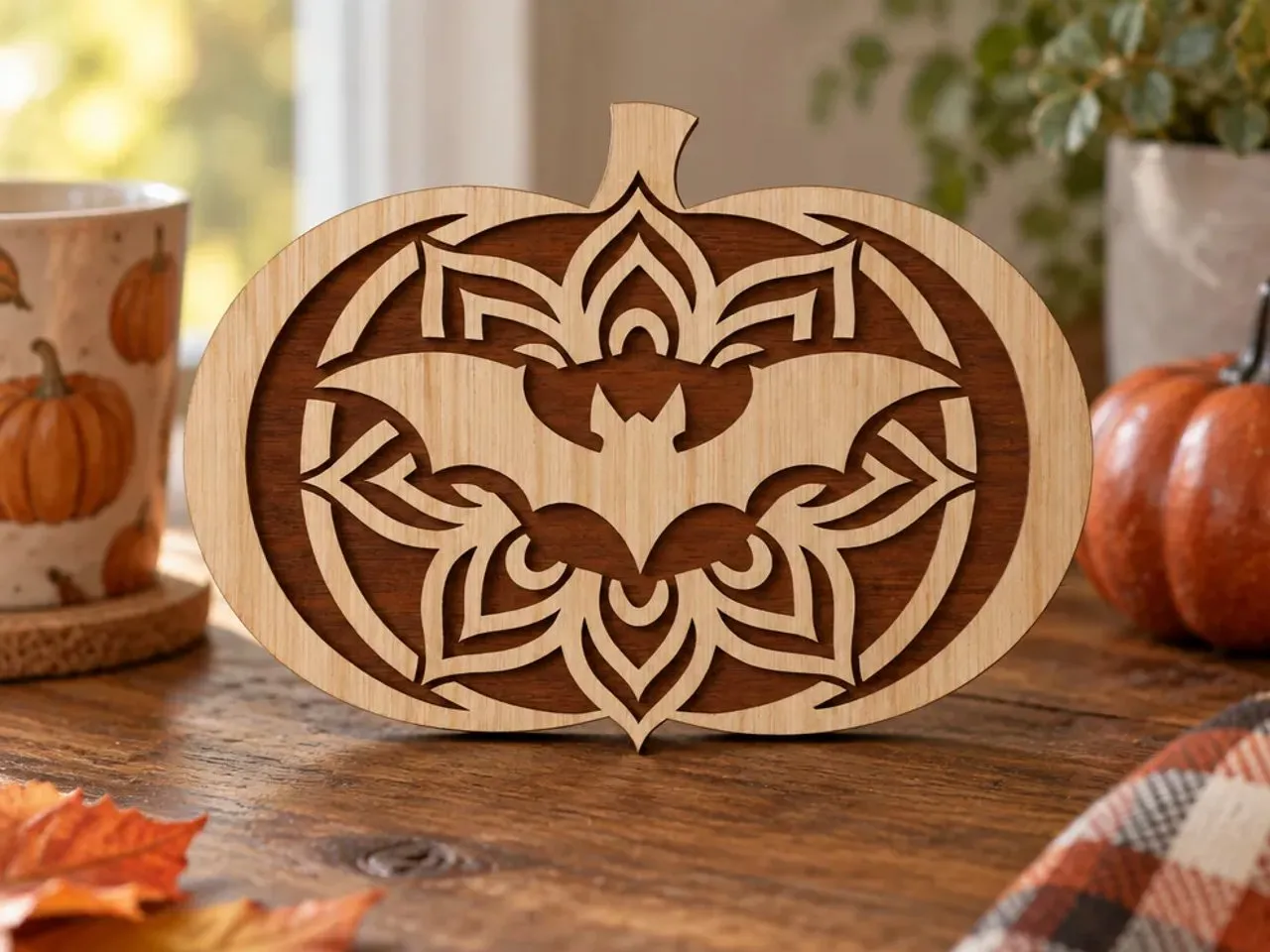 [Laser cut and engrave] Pumpkin Shaped Halloween Sign with Bat and Mandala Motif – Laser Cut Design