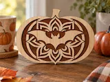 [Laser cut and engrave] Pumpkin Shaped Halloween Sign with Bat and Mandala Motif – Laser Cut Design