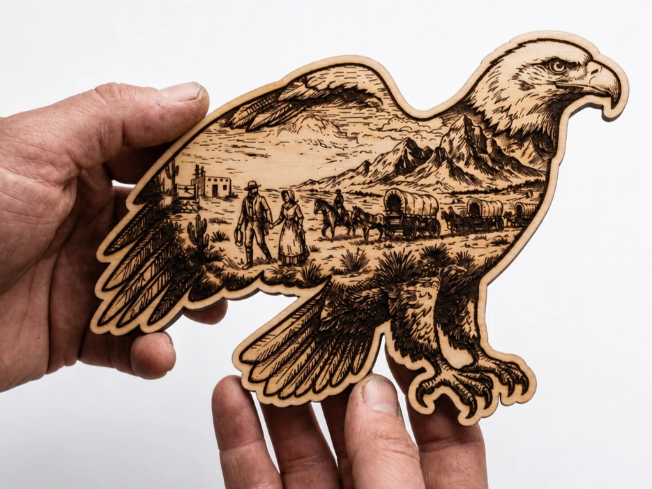 Eagle Shaped Wall Art Featuring Western Pioneer Landscape Scene