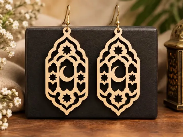 Ornate Wooden Laser-Cut Crescent Moon & Star Earrings & Fashion Jewelry