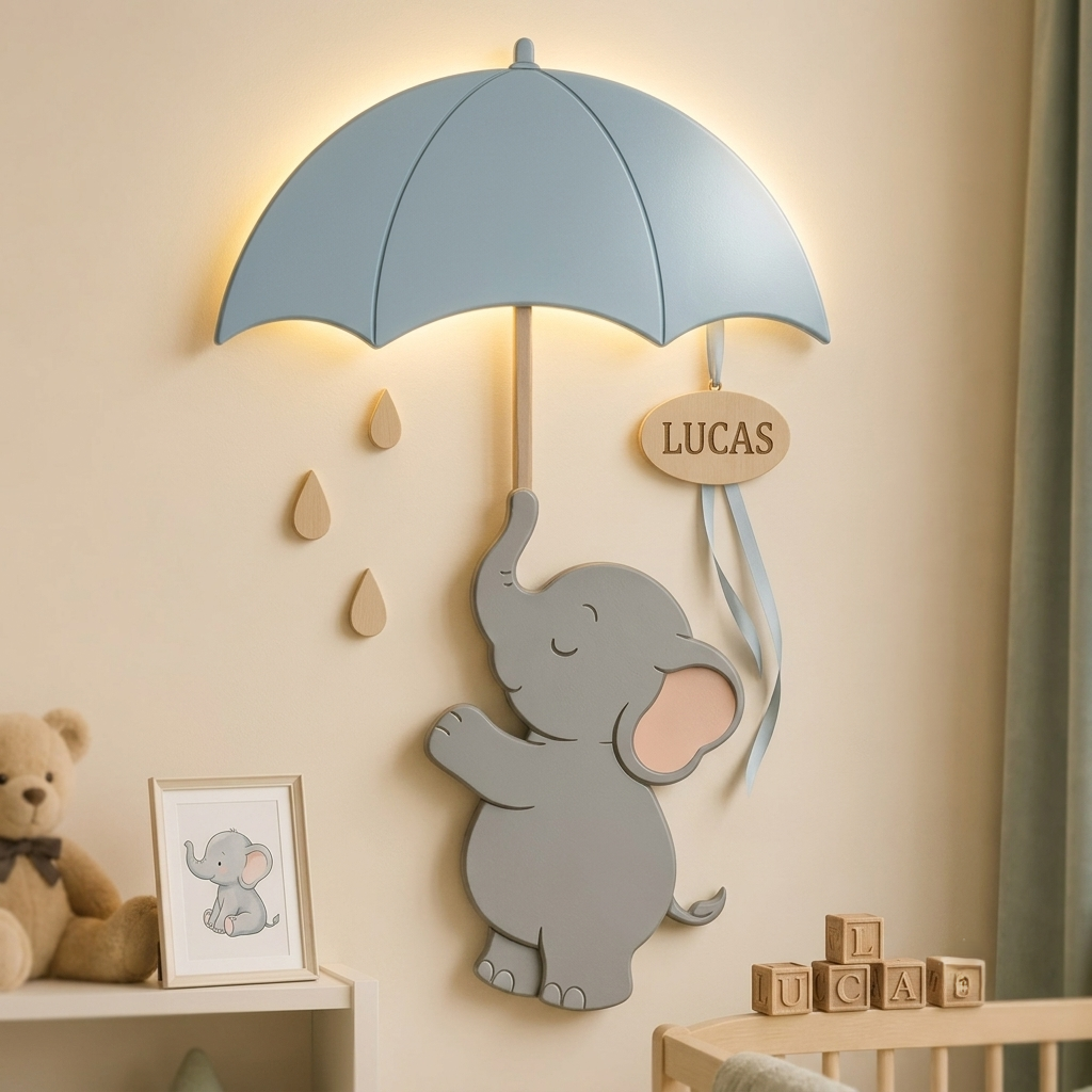 [Laser cut and engrave] Applique murale lumineuse éléphant avec parapluie personnalisée au prénom Lucas