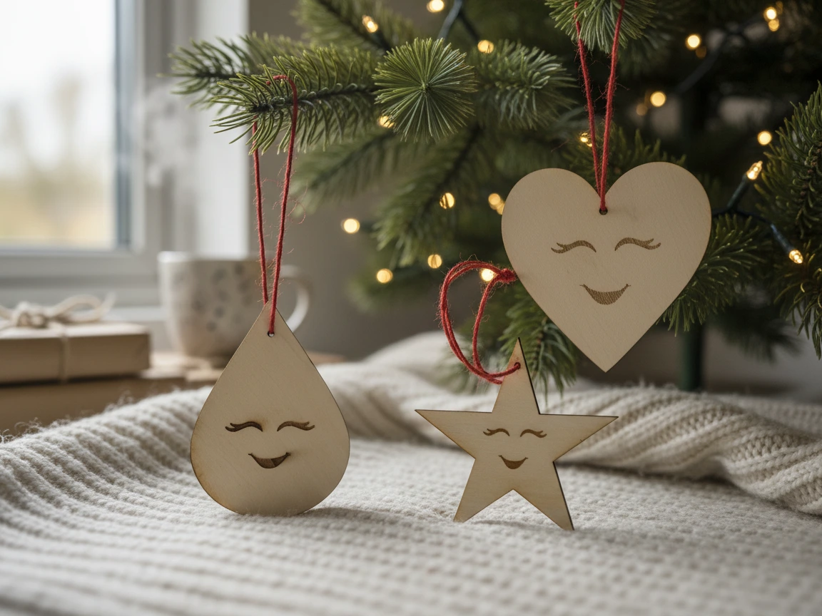 Adornos navideños de madera con formas de corazón, estrella y gota