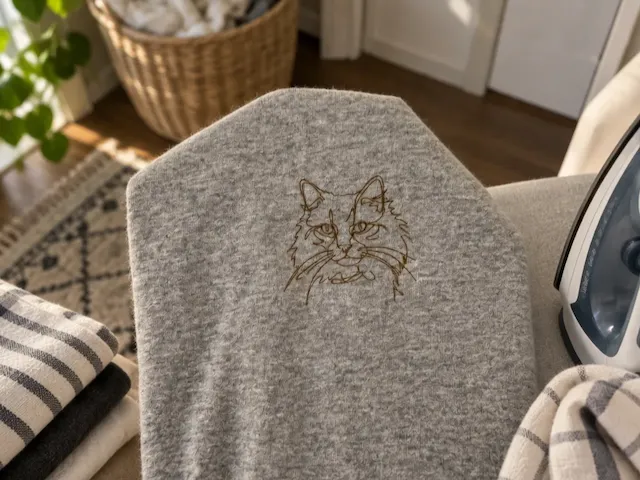 Grey Sweatshirt Featuring a Detailed Cat Line Art Illustration