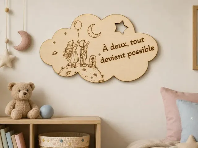 Plaque décorative en bois en forme de nuage avec illustration d'enfants et citation