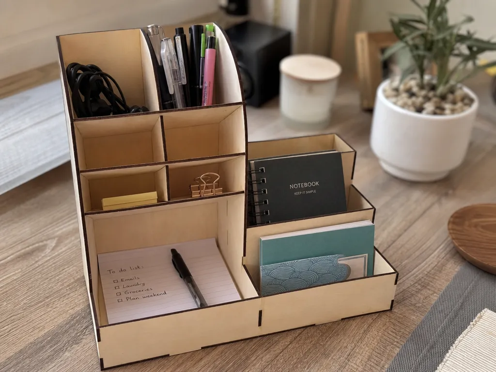 Wooden Desktop Organizer with Multiple Compartments for Stationery and Office Supplies