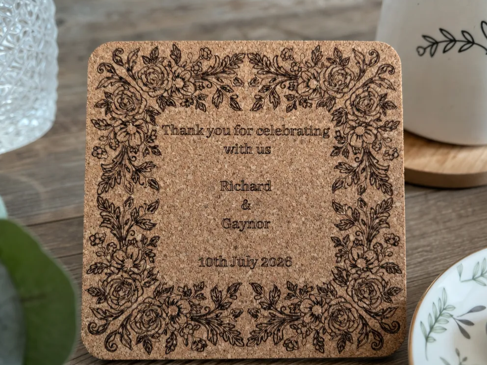 Square Cork Wedding Favor Coaster with Floral Border