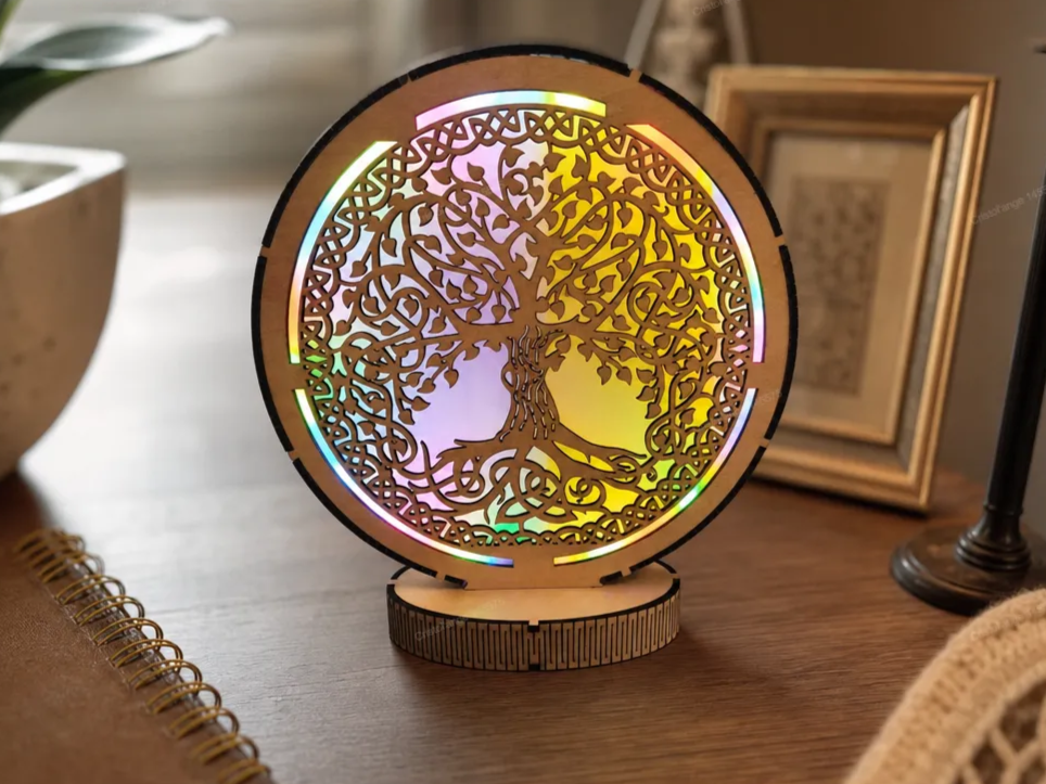 Lampe de table ronde avec motif arbre de vie lumineux