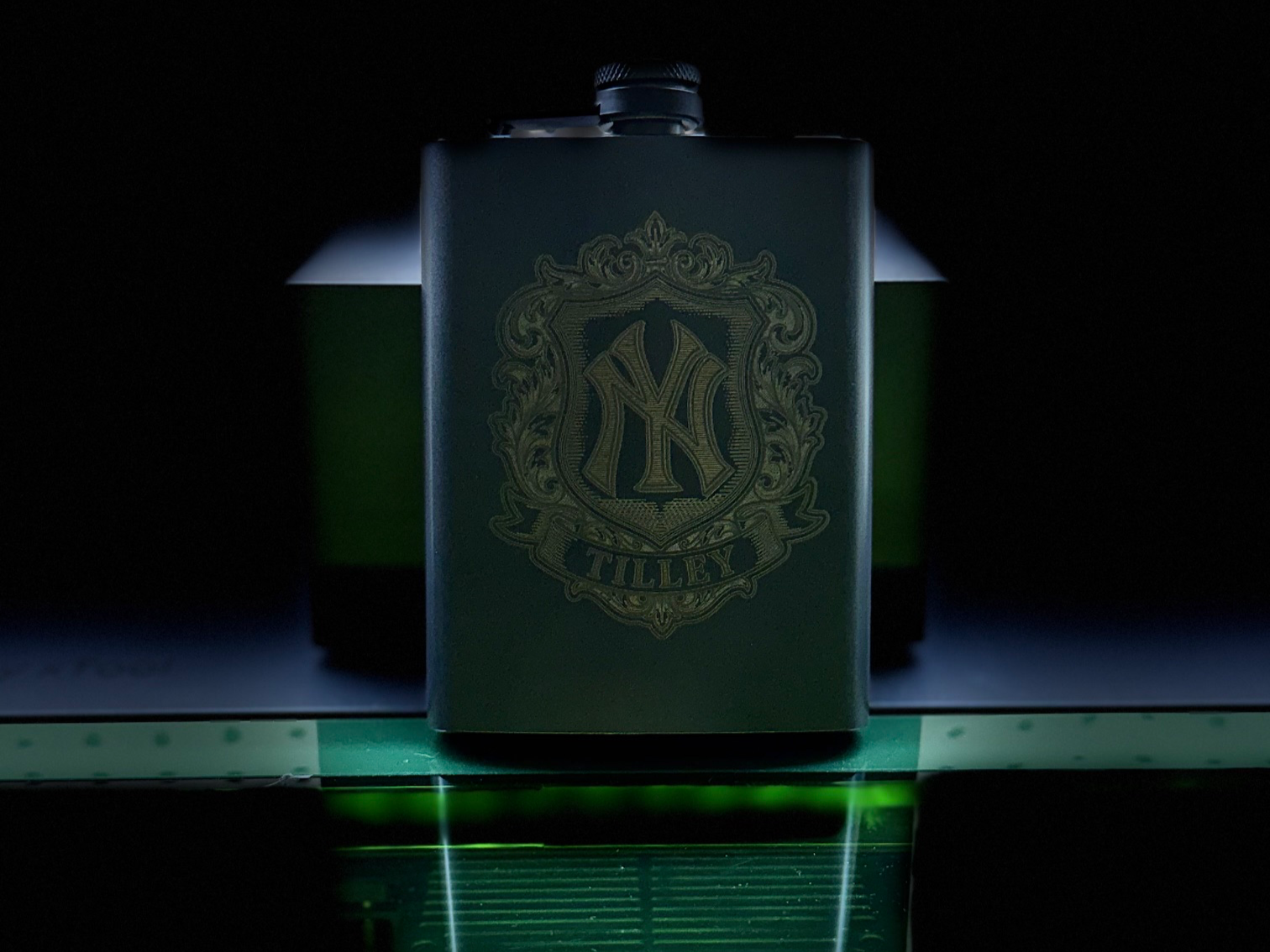 Black Metal Hip Flask with Personalized Crest and Tilley Monogram