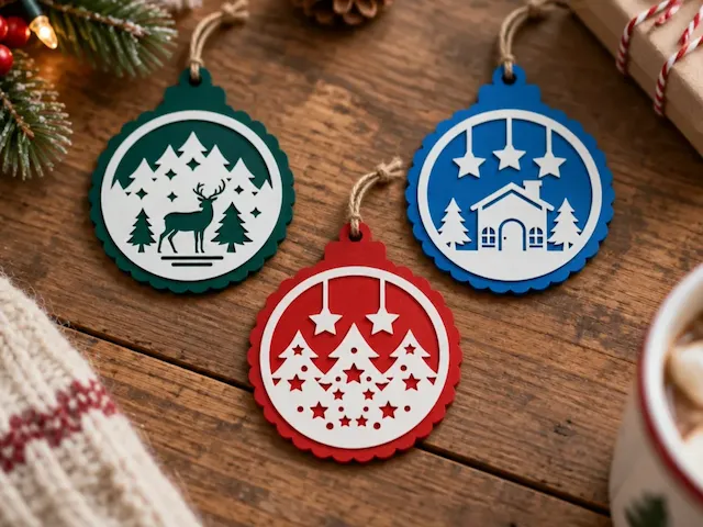 Set of Three Layered Christmas Tree Ornaments with Winter Scenes
