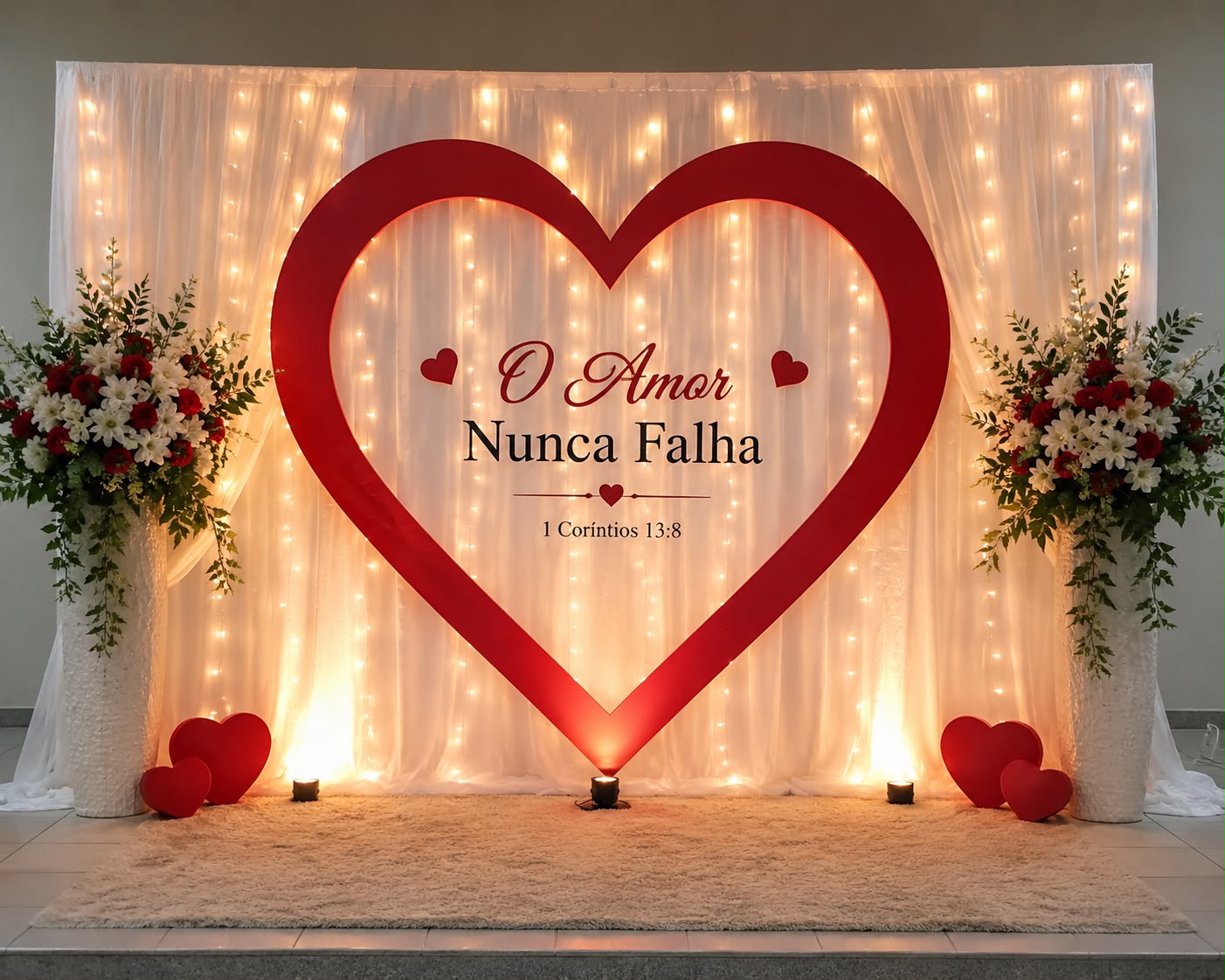 [Laser cut and engrave] Large Red Heart Wedding Backdrop with O Amor Nunca Falha Script