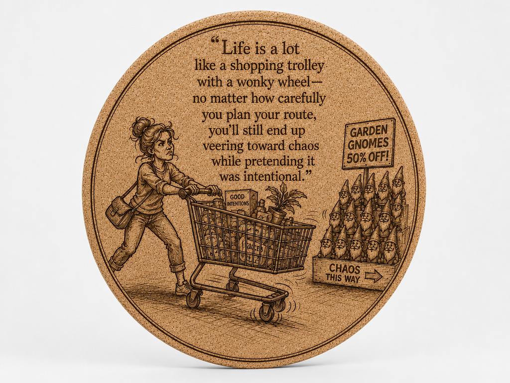 Round Cork Coaster with Humorous Shopping Trolley Quote Illustration