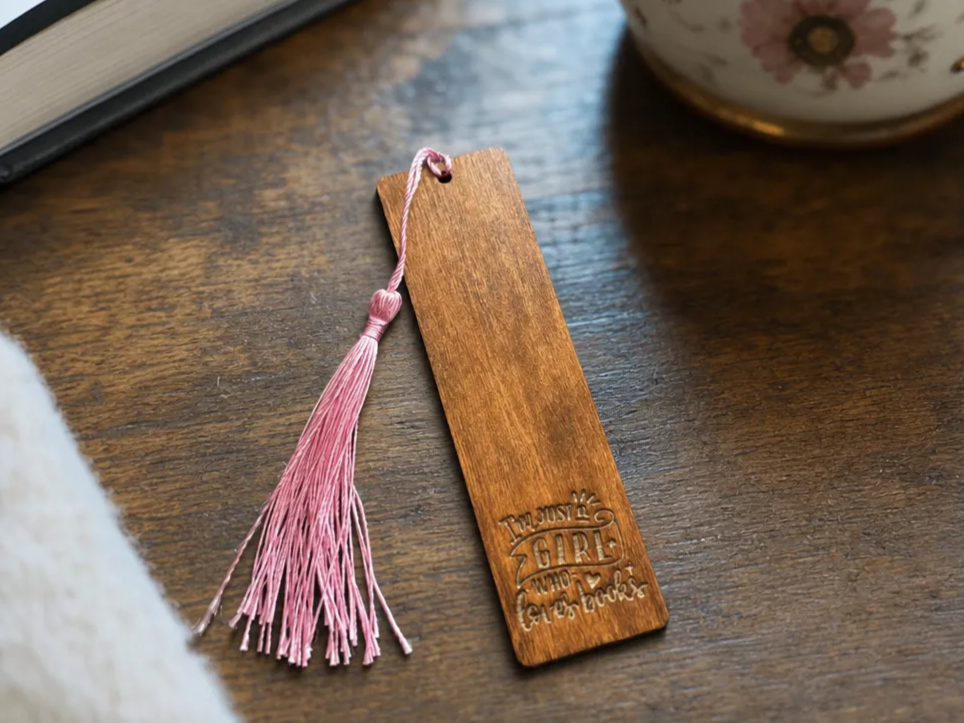 Wooden Bookmark with Pink Tassel and I'm Just a Girl Who Loves Books Quote