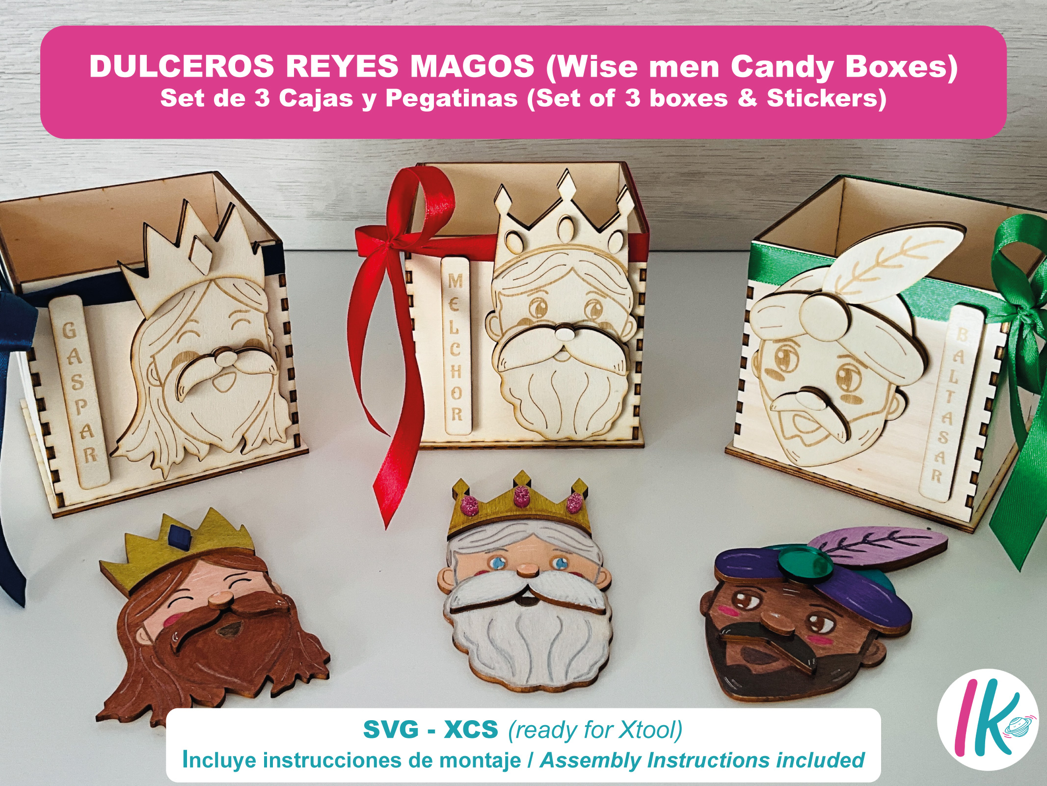 [Laser cut and engrave] Dulceros Reyes Magos SVG-XCS para corte láser. Incluye los 3 Reyes Magos, dulcero y pegatinas de la estrella Navideña Png.