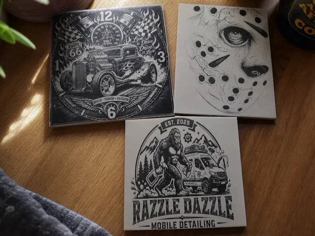 Set of Three Square Ceramic Tiles Featuring Hot Rod, Horror Mask, and Bigfoot Art