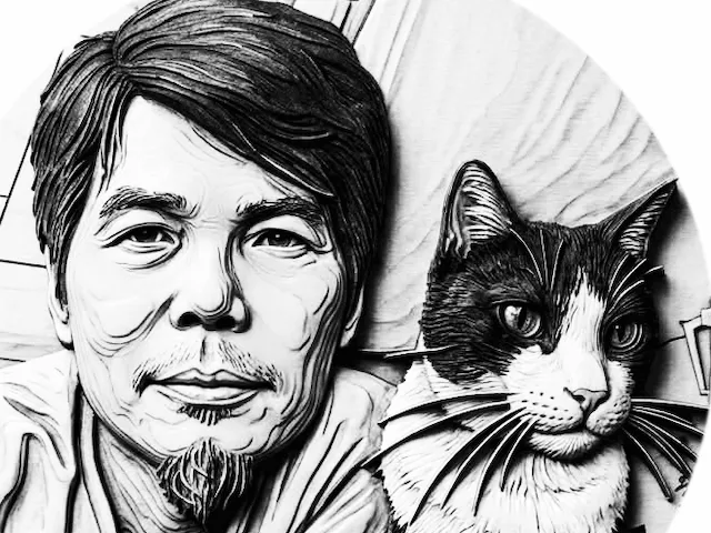 男子与猫的木质浮雕肖像画