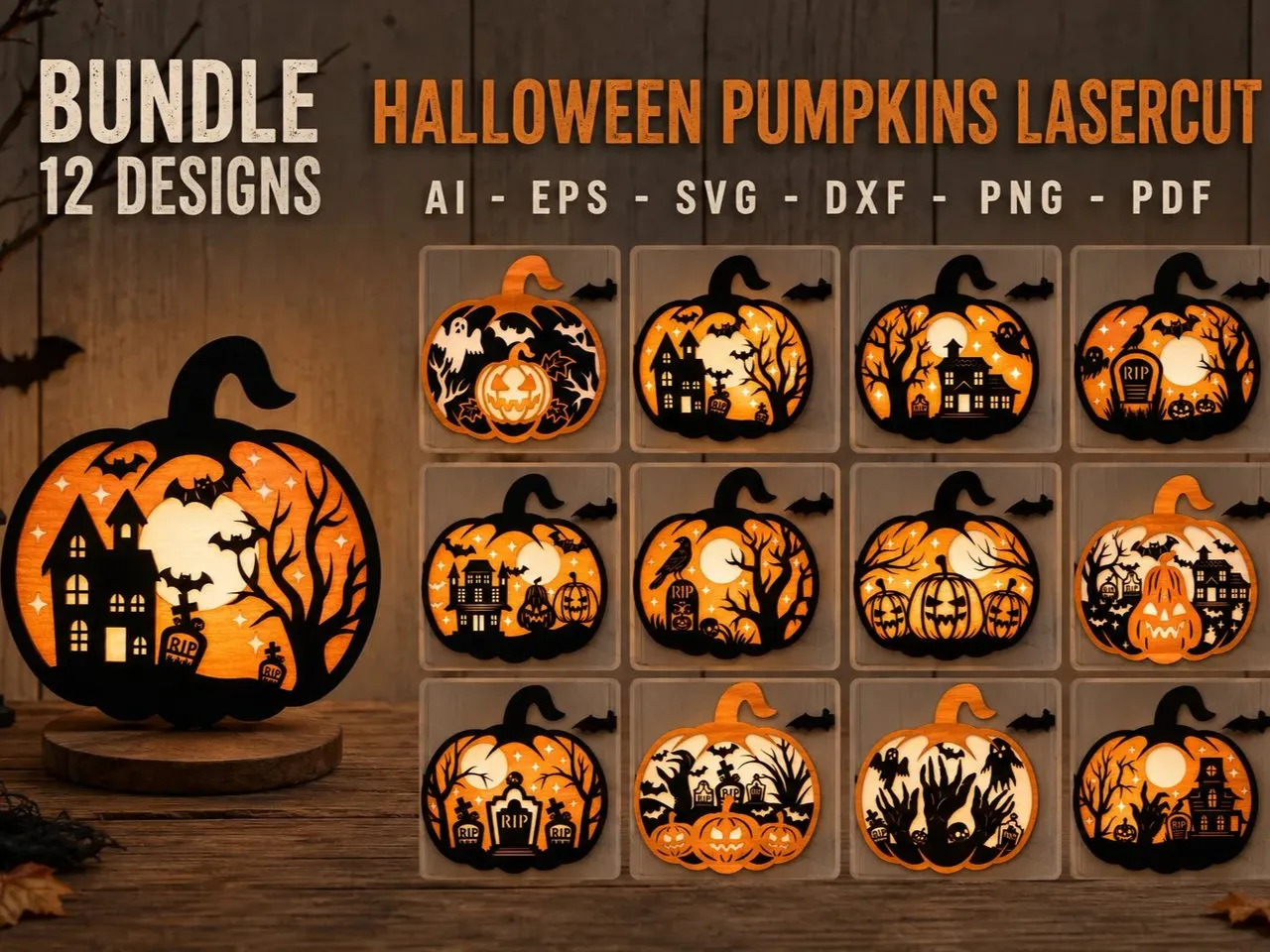 [Laser cut and engrave] Halloween Pumpkin Lantern Bundle SVG | 12 Laser Cut Pumpkin Designs | Layered Halloween SVG
