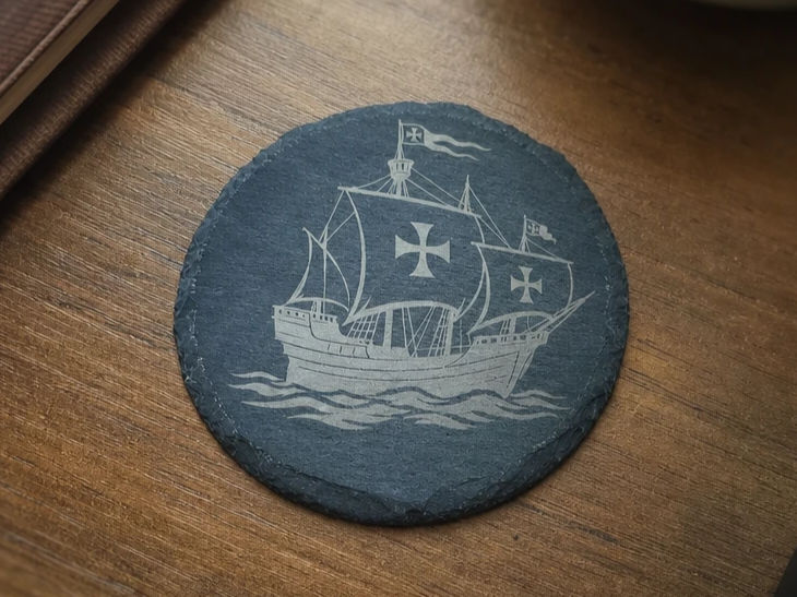 Sous-verre rond en ardoise avec motif de caravelle