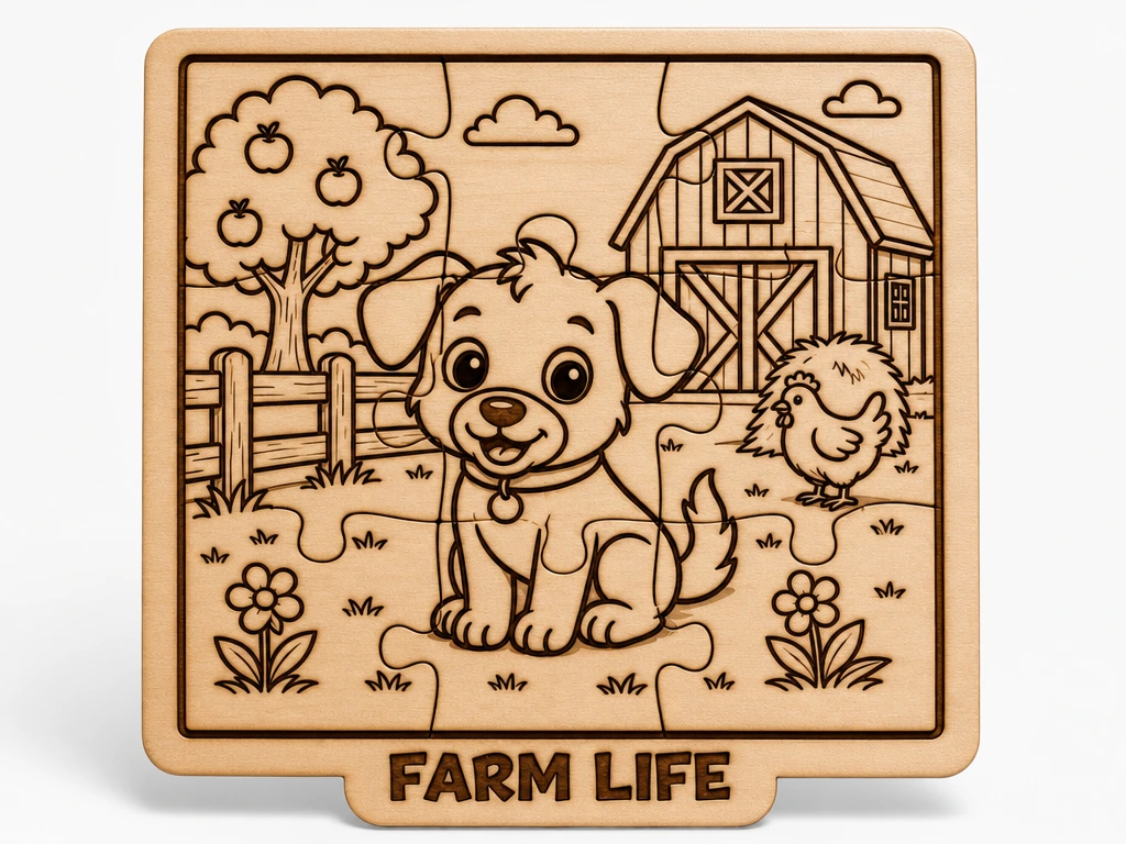 Farm Life Puzzle with Cute Puppy | Wooden Preschool Learning Toy for Fine Motor Skills Development