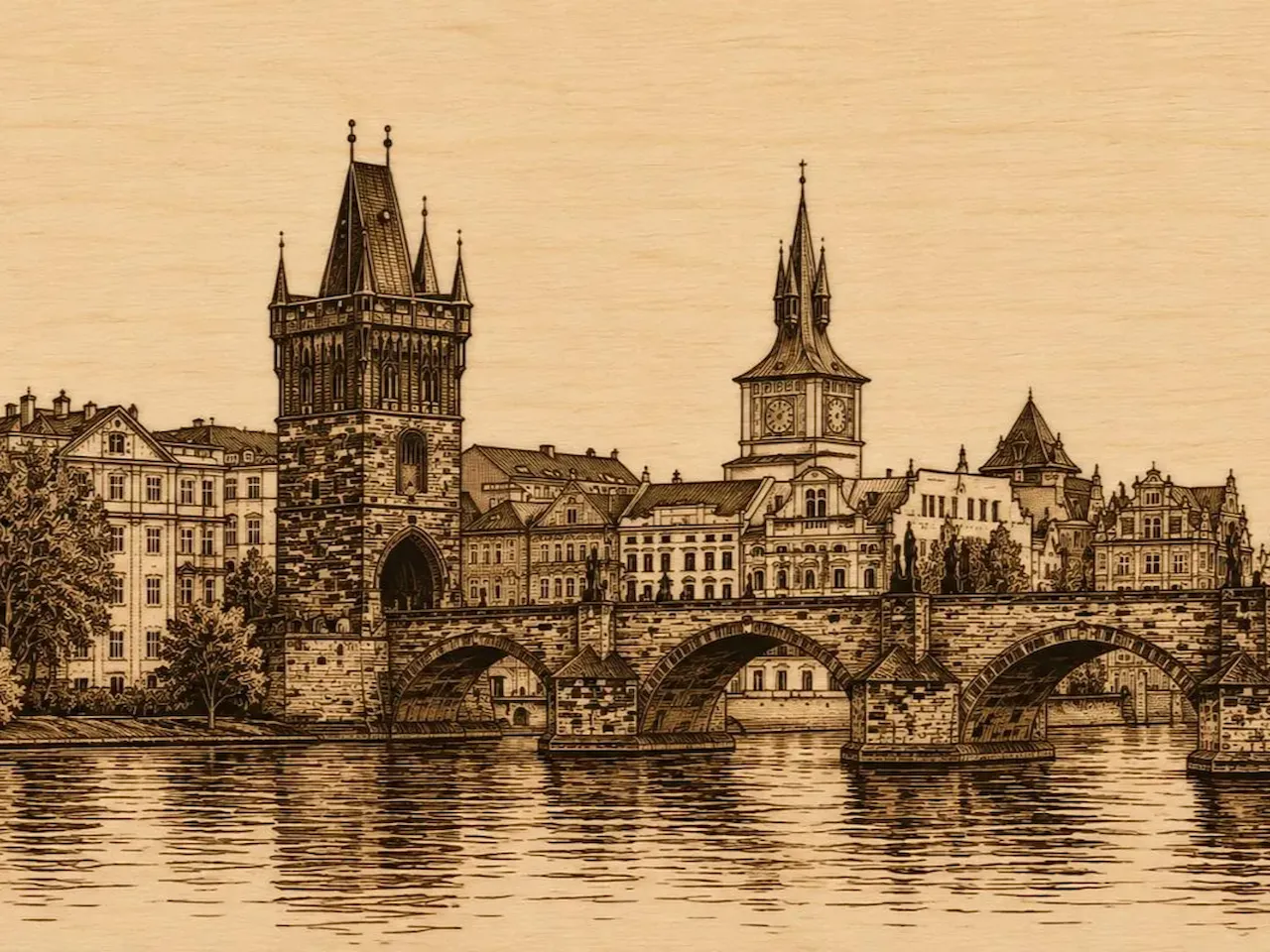[Laser cut and engrave] Charles Bridge and Prague Old Town Skyline Illustration