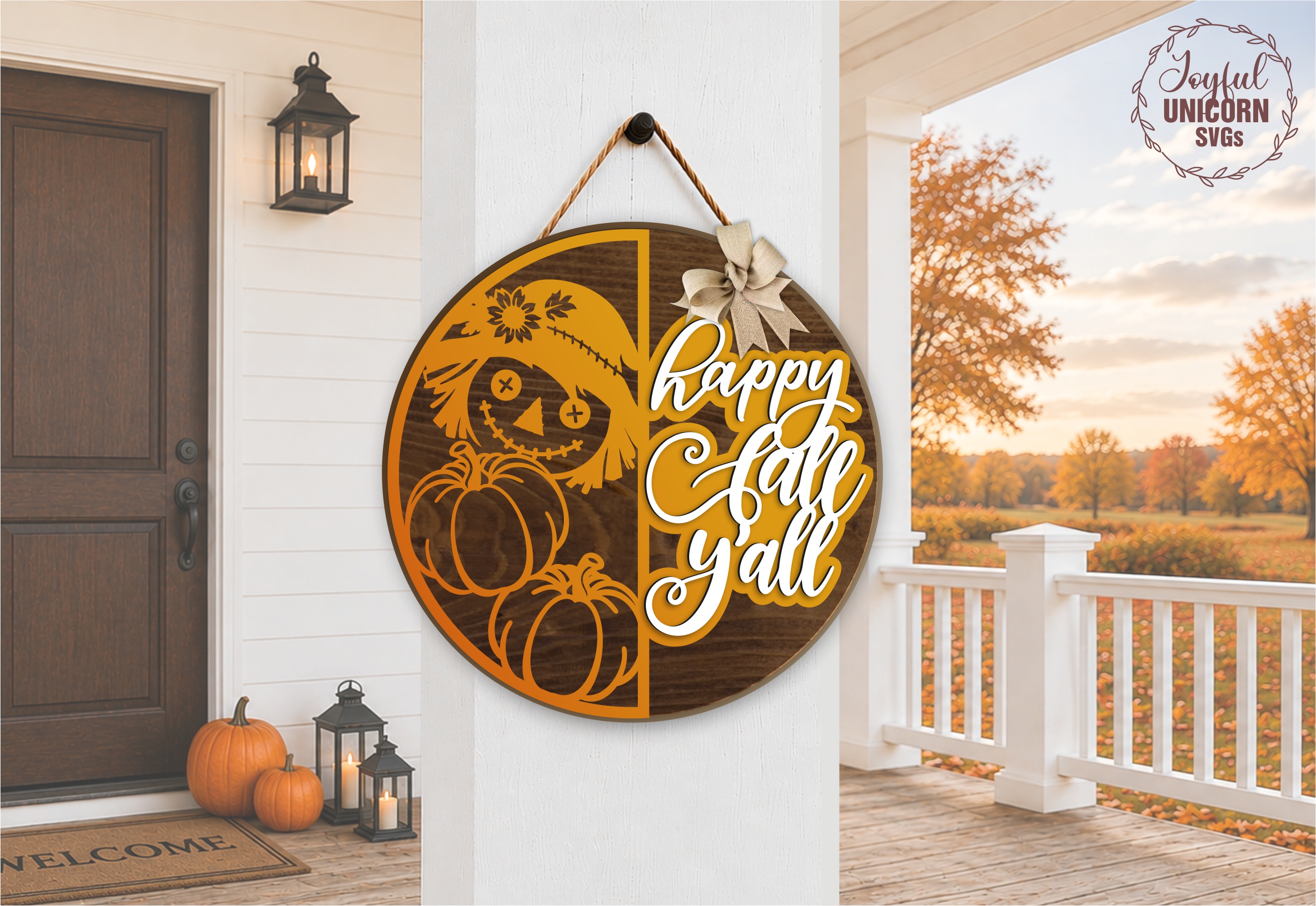 [Laser cut and engrave] Fall Door Hanger SVG Bundle, Autumn Round Door Sign with Scarecrow, Happy Fall Y'all Round Sign, Pumpkin Welcome Sign,Glowforge, CNC, Xtool