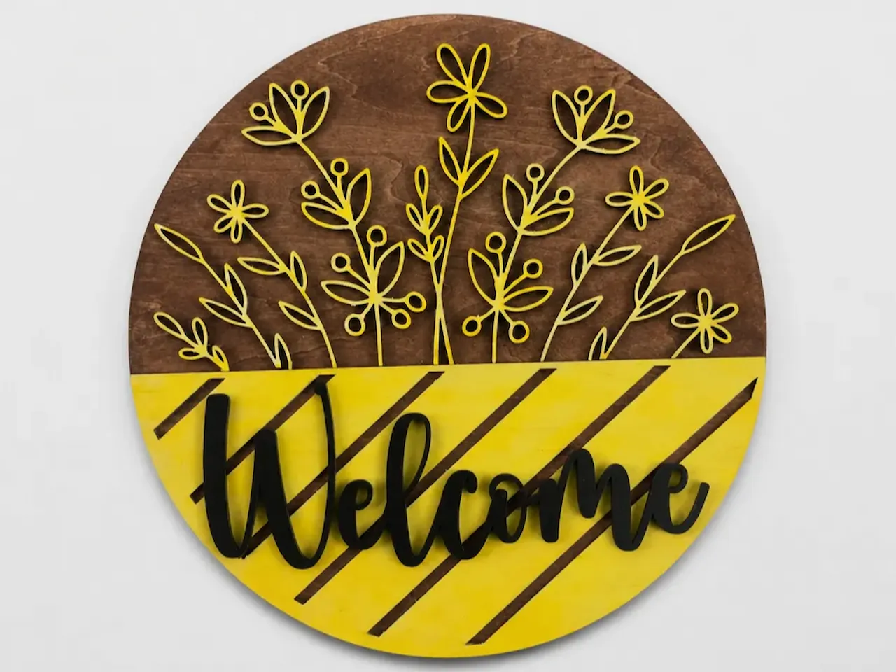 [Laser cut and engrave] Round Welcome Sign with Yellow Floral Motif
