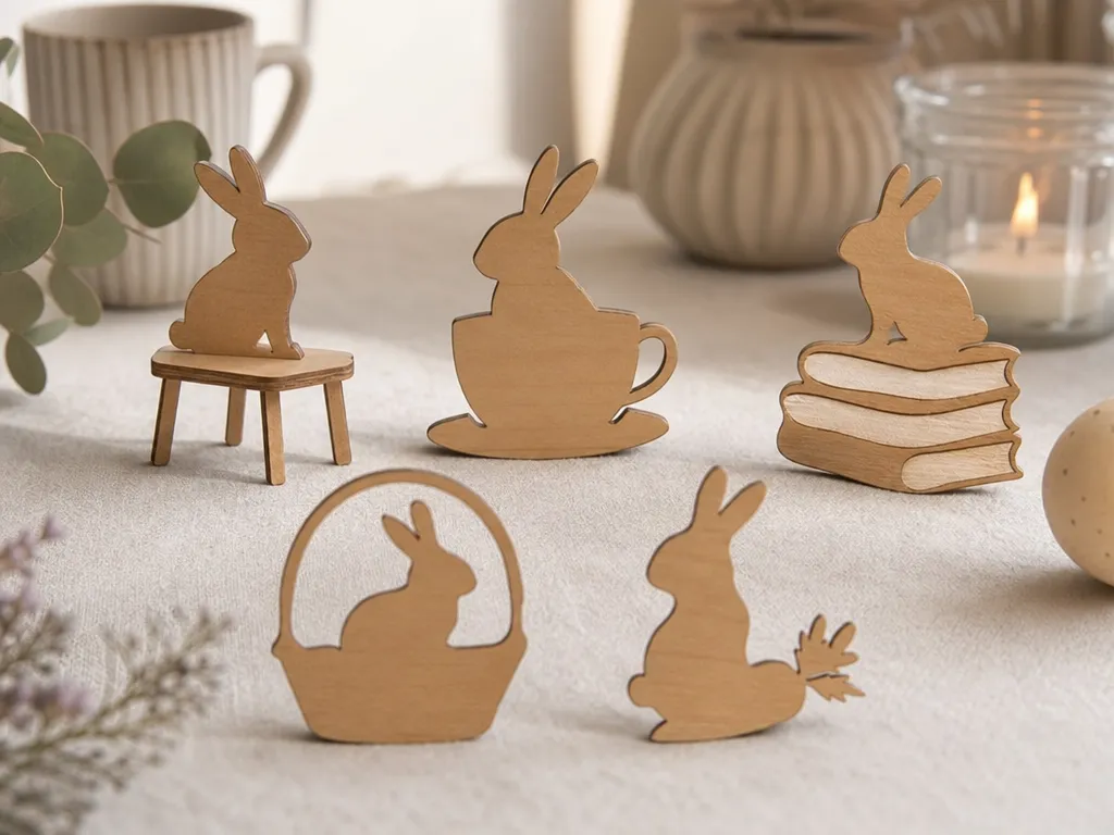Set of Miniature Wooden Easter Bunny Figures with Various Motifs