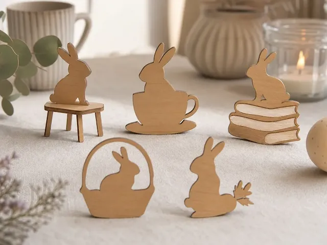 Set of Miniature Wooden Easter Bunny Figures with Various Motifs
