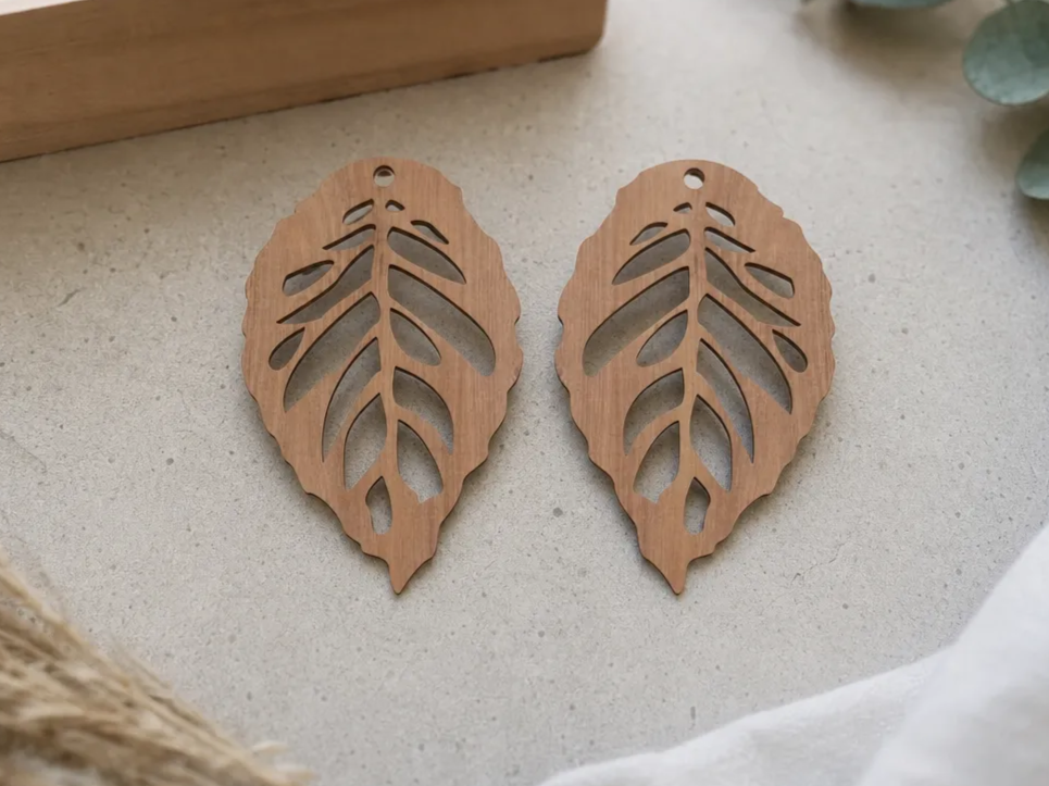 Wooden Monstera Leaf Earrings